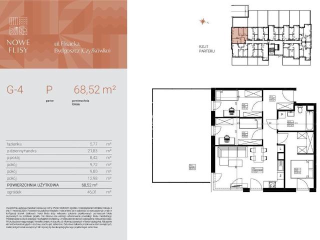 Mieszkanie na sprzedaż 3 pokoje Bydgoszcz Czyżkówko, 68,52 m2, parter