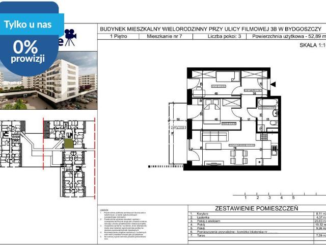 Mieszkanie na sprzedaż 3 pokoje Bydgoszcz Kapuściska, 52,89 m2, 1 piętro