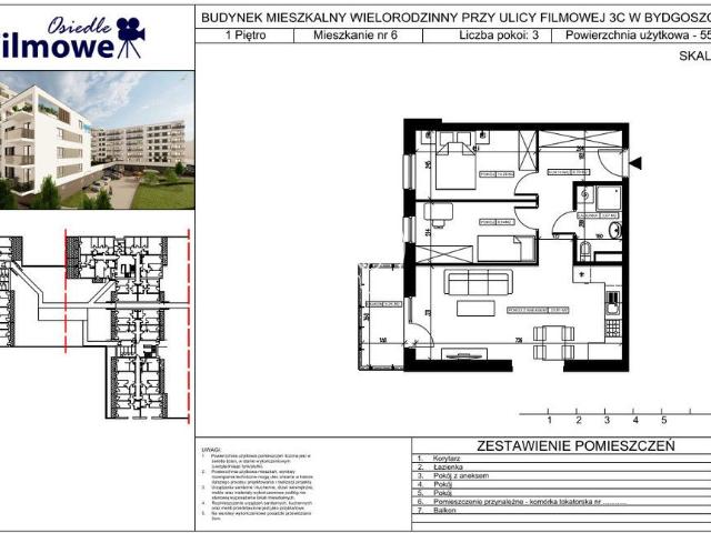 Mieszkanie na sprzedaż 3 pokoje Bydgoszcz Kapuściska, 55,66 m2, 1 piętro