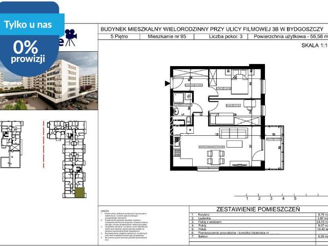 Mieszkanie na sprzedaż 3 pokoje Bydgoszcz Kapuściska, 56,58 m2, 5 piętro