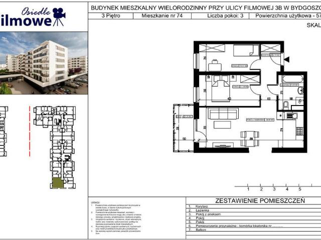 Mieszkanie na sprzedaż 3 pokoje Bydgoszcz Kapuściska, 57,81 m2, 3 piętro