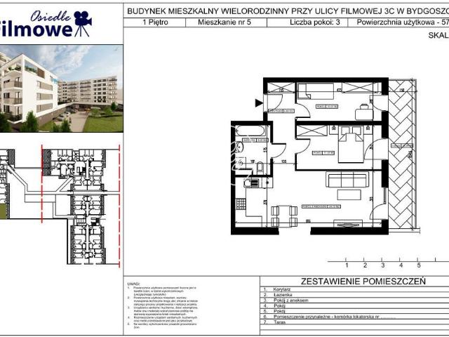 Mieszkanie na sprzedaż 3 pokoje Bydgoszcz Kapuściska, 57,82 m2, 1 piętro