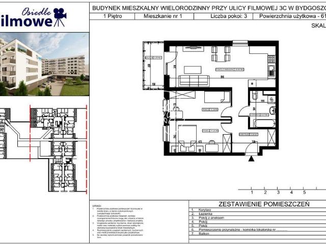 Mieszkanie na sprzedaż 3 pokoje Bydgoszcz Kapuściska, 61,81 m2, 1 piętro