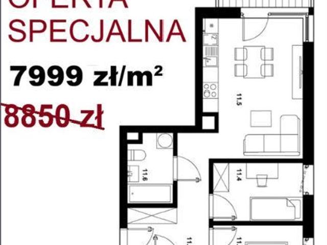 Mieszkanie na sprzedaż 3 pokoje Gliwice, 52,71 m2, 1 piętro