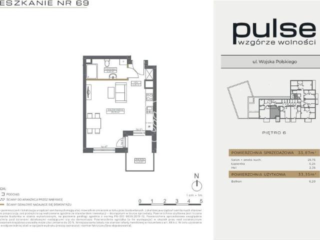 Mieszkanie na sprzedaż 1 pokój Bydgoszcz Wzgórze Wolności, 32,74 m2, 6 piętro