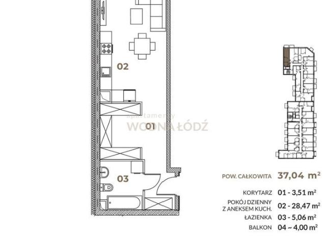 Mieszkanie na sprzedaż 1 pokój Łódź Widzew, 37,04 m2, 3 piętro