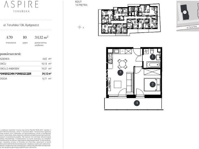 Mieszkanie na sprzedaż 2 pokoje Bydgoszcz Bocianowo Śródmieście Stare Miasto, 34,68 m2, 11 piętro