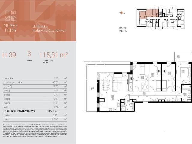 Mieszkanie na sprzedaż 2 pokoje Bydgoszcz Czyżkówko, 115,31 m2, 3 piętro