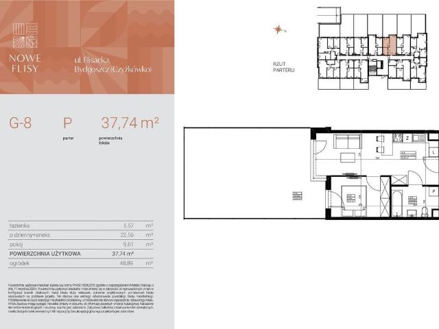 Mieszkanie na sprzedaż 2 pokoje Bydgoszcz Czyżkówko, 37,74 m2, parter