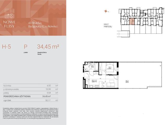 Mieszkanie na sprzedaż 2 pokoje Bydgoszcz Czyżkówko, 34,45 m2, parter