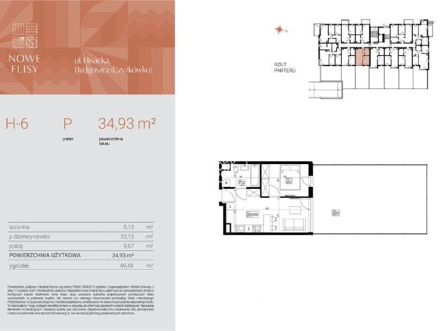 Mieszkanie na sprzedaż 2 pokoje Bydgoszcz Czyżkówko, 34,93 m2, parter
