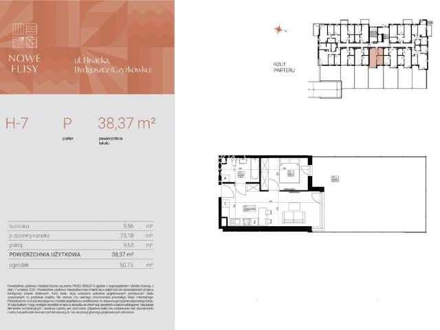 Mieszkanie na sprzedaż 2 pokoje Bydgoszcz Czyżkówko, 38,37 m2, parter