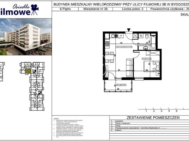Mieszkanie na sprzedaż 2 pokoje Bydgoszcz Kapuściska, 39,03 m2, 6 piętro