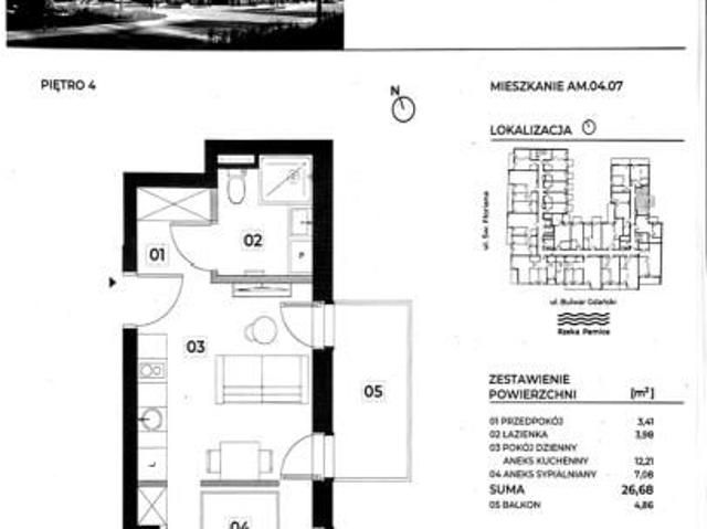 Mieszkanie na sprzedaż 2 pokoje Szczecin Śródmieście, 26,68 m2, 4 piętro