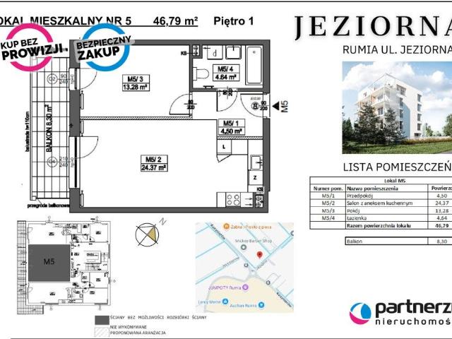 Mieszkanie na sprzedaż 2 pokoje Rumia, 46,79 m2, 1 piętro
