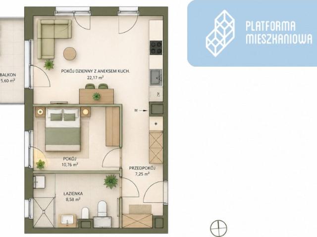 Mieszkanie na sprzedaż 2 pokoje Wrocław Krzyki, 48,76 m2, 1 piętro