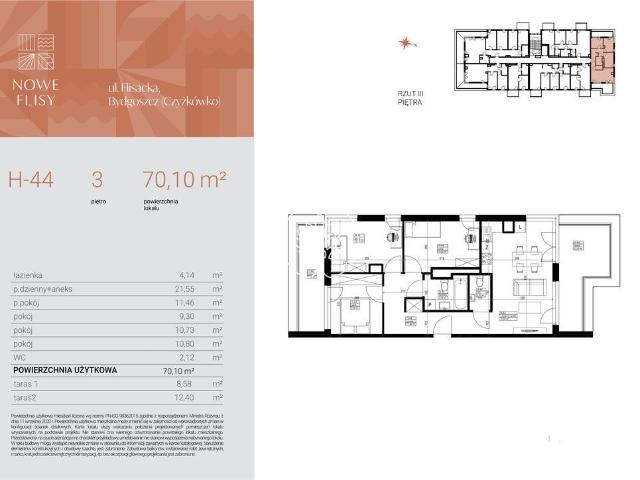 Mieszkanie na sprzedaż 4 pokoje Bydgoszcz Czyżkówko, 70,10 m2, 3 piętro