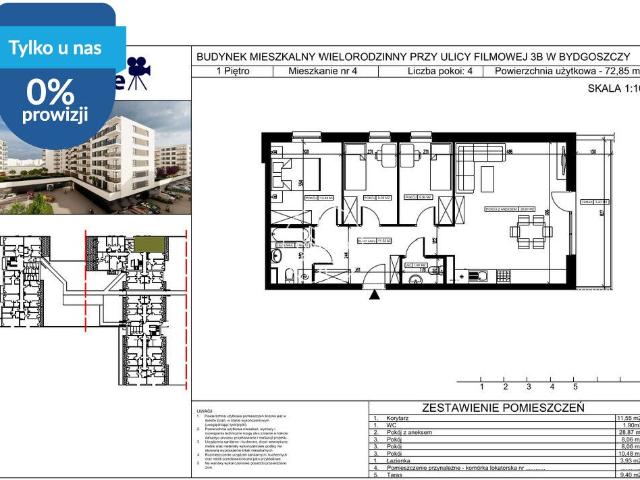 Mieszkanie na sprzedaż 4 pokoje Bydgoszcz Kapuściska, 72,85 m2, 1 piętro