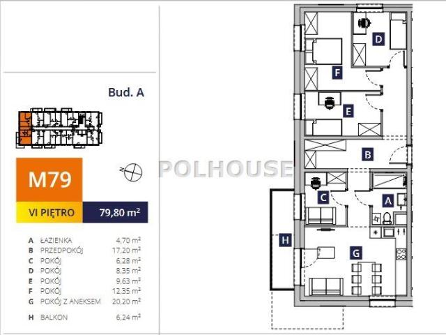 Mieszkanie na sprzedaż 5 pokoi Bydgoszcz, 79,80 m2, 6 piętro