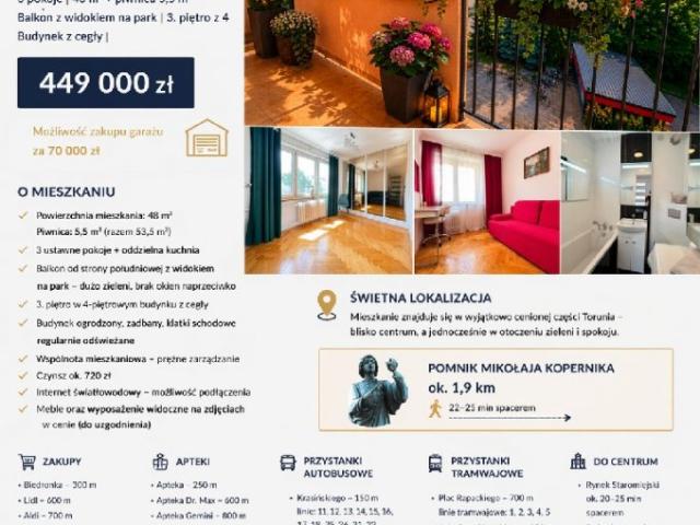 Mieszkanie na sprzedaż woj. kujawsko pomorskie. Toruń, Bydgoskie Przedmieście, 449 000 PLN, 48,00 m2