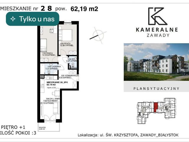 Mieszkanie sprzedam, BIAŁYSTOK, ZAWADY,, 62 m2, cena: 494 411 zł
