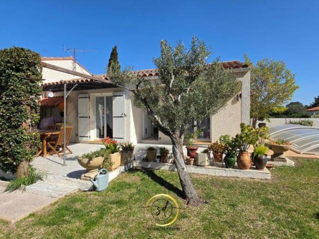 Millas Villa plain pied 4 faces 3 chambres piscine garage + carport quartier calme