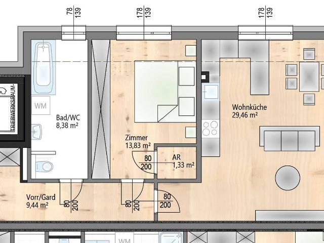 MODERNE STADTWOHNUNG MIT DER INNOVATIVSTEN TECHNOLOGIE IN PREMIUMLAGE 2 Zimmer 30 m2 Wohnzimmer 9 m2 Balkon Ausblick ins Grüne Lift provisionsfrei – barrierefrei