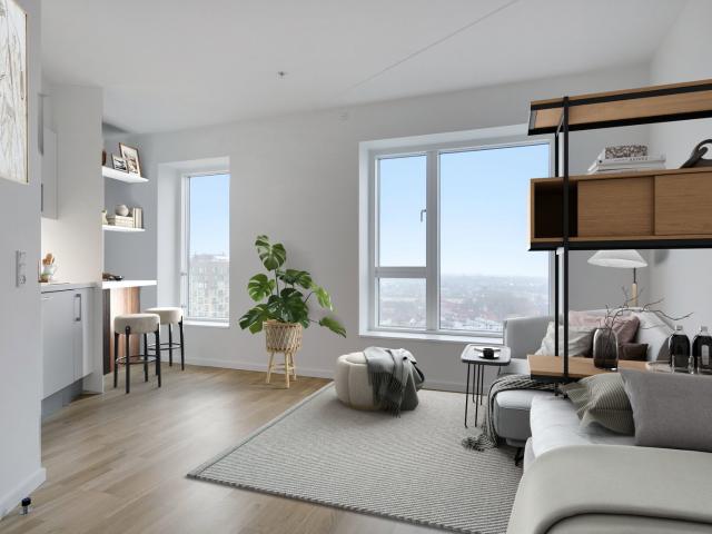 Moderne 1 værelses med fælles tagterrasse i Valby