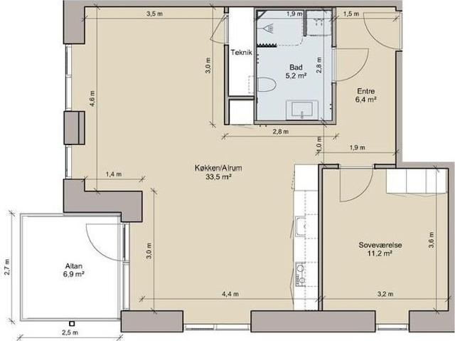 Moderne 2 værelses med stor altan og elevator