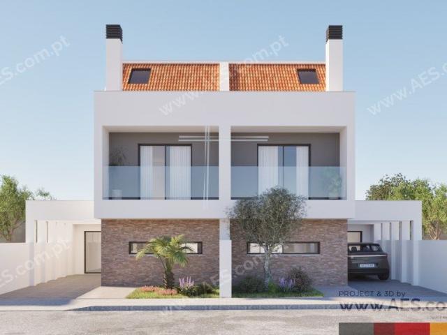 Moradia geminada T2+2, arquitetura contempornea com prgula e pisc.