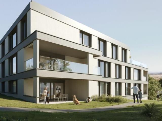 Neubauprojekt Elevia: Minergie P zertifizierte 4.5 Zimmer Wohnung im 1. Obergeschoss mit schöner Weitsicht und grosszügiger überdachter Terrasse