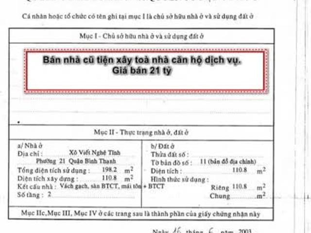 Nhà cũ HXH 294 Xô Viết Nghệ Tĩnh, Phường 21 Bình thạnh. Diện tích 4,6x25m công nhận 110m2 giá 21 tỷ