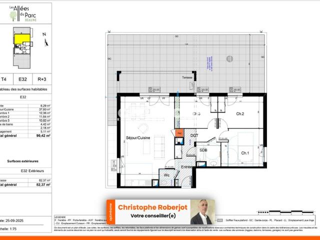 Unique Appartement 5 pièces de 90m2 avec 1 terrasse de 82m2 et 2 parkings privatifs à Beaune