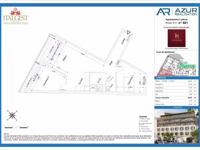 Nouveau projet Le Mondial, au quatrième étage, appartement t. 66m² Menton