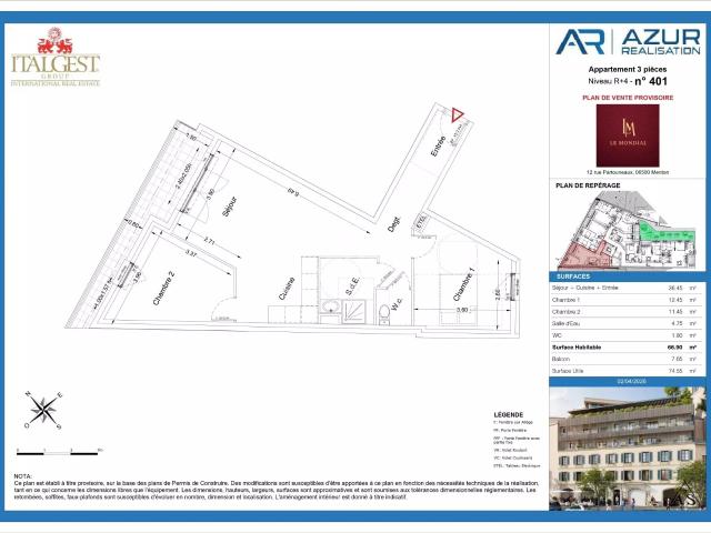 Nouveau projet Le Mondial, appartement de trois pièces de 66,90 m2, au quatrième étage, situé au centre de Menton