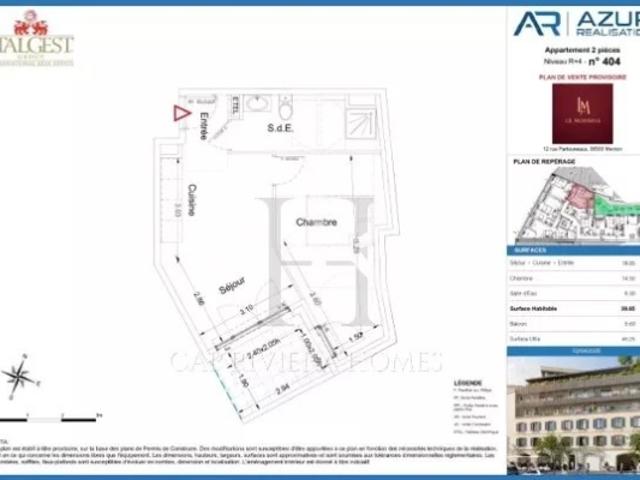 Nouveau projet Le Mondial, appartement deux pièces de 39,65 m2, au quatrième étage, en position centrale à Menton