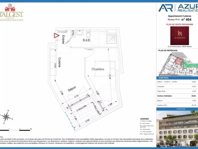 Nouveau projet Le Mondial, appartement deux pièces de 39,65 m2, au quatrième étage, en position centrale à Menton