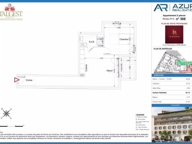 Nouveau projet Le Mondial, appartement deux pièces de 52,15 m2, au troisième étage, en position centrale à Menton