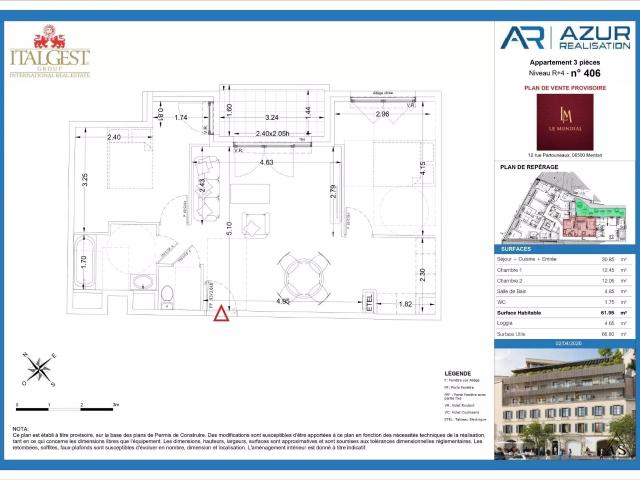 Nouveau projet Le Mondial, trois pièces de 61,95 m2, au quat. 61m² Menton