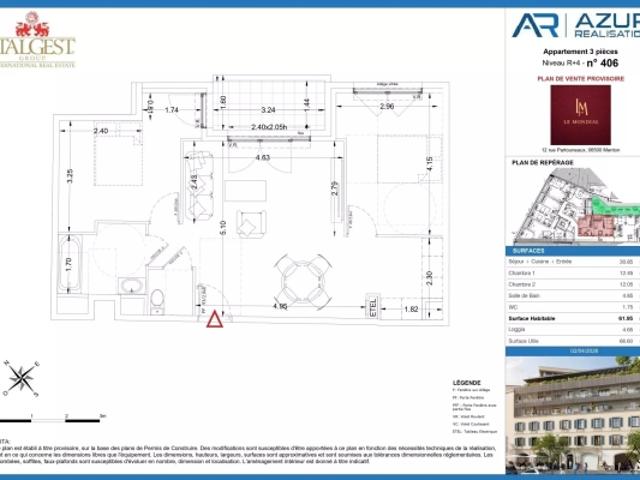 Nouveau projet Le Mondial, trois pièces de 61,95 m2, au quatrième étage, en position centrale à Menton