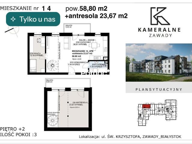 Nowoczesne 3 pokojowe mieszkanie z antresolą i balkonem