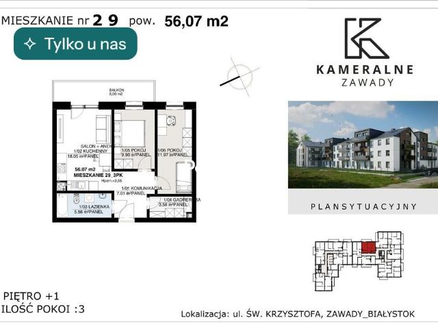 Nowoczesne 3 pokojowe mieszkanie z balkonem w Zawadach