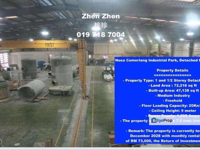 Nusa Cemerlang Industrial Park, Detached Factory for Sale, 1000 Amps, Come with Overhead Cranes, Freehold
