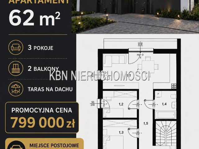Ostatnie 3 pokojowe mieszkanie z tarasem i miejscem parkingowym