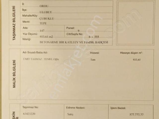 Ordu Ulubey Müstakil Ev Tapu Sahibi Perta Emlak Ümit Tahmaz