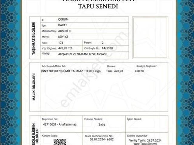 Çorum Bayat Müstakil Ev Tapu Sahibi Perta Emlak Ümit Tahmaz