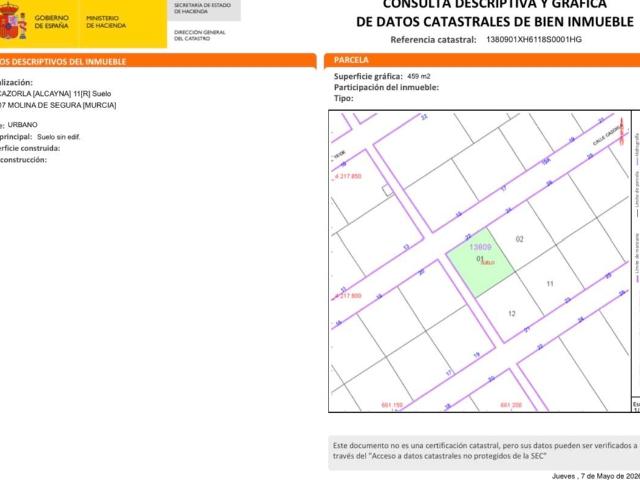 Parcela urbana de 459 m2 en una de las mejores zonas residenciales de Molina de Segura