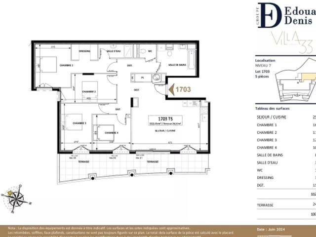 Penthouse 1703 990.000 € – Parking inclus Surface intérieure: 112,65 m² Terrasse: 24,5 m² Dernier étage 7e – Vue mer panoramique vers Monaco et Cap Martin
