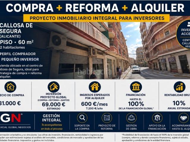 Piso en venta en Callosa de Segura. IDEAL INVESOR. PROYECTO DE REHABILITACIÓN INTEGRAL + ALQUILER PISO. Pisos Callosa de.