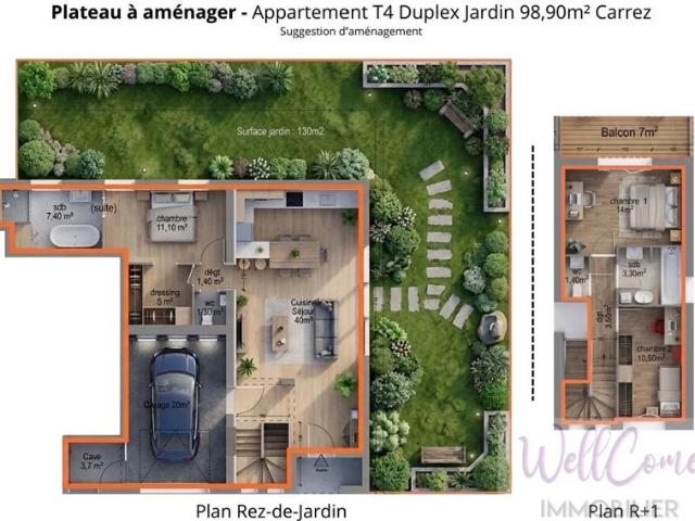 Plateau à aménager – T4 en Duplex Jardin de 98 m² avec jardin de 130 m² – Grésy sur Aix